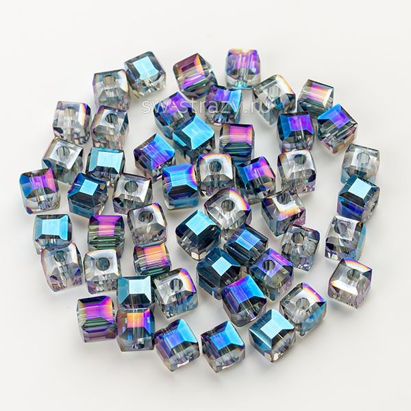Бусины-кубики 6 мм серо-синий радужный