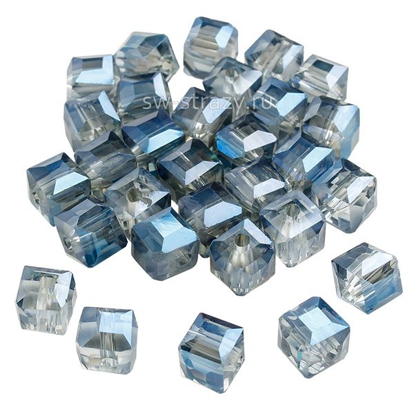Бусины-кубики 6 мм серо-синий прозрачный