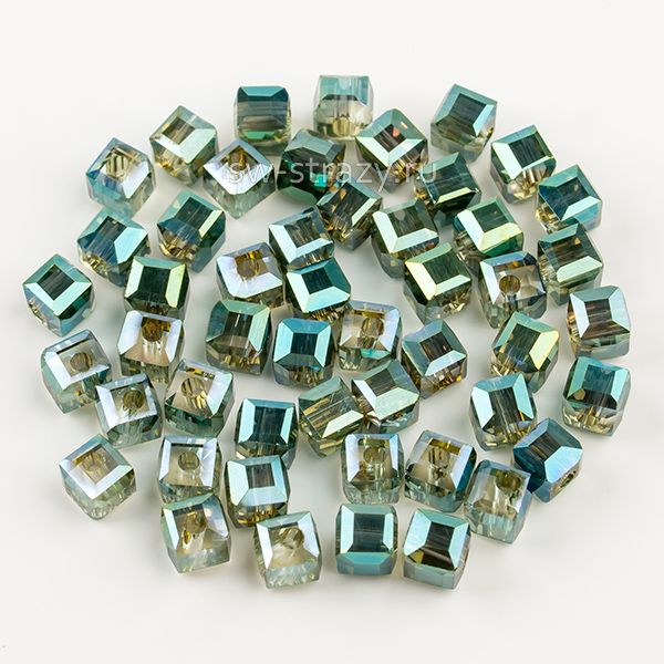 Бусины-кубики 6 мм серо-зеленый радужный*